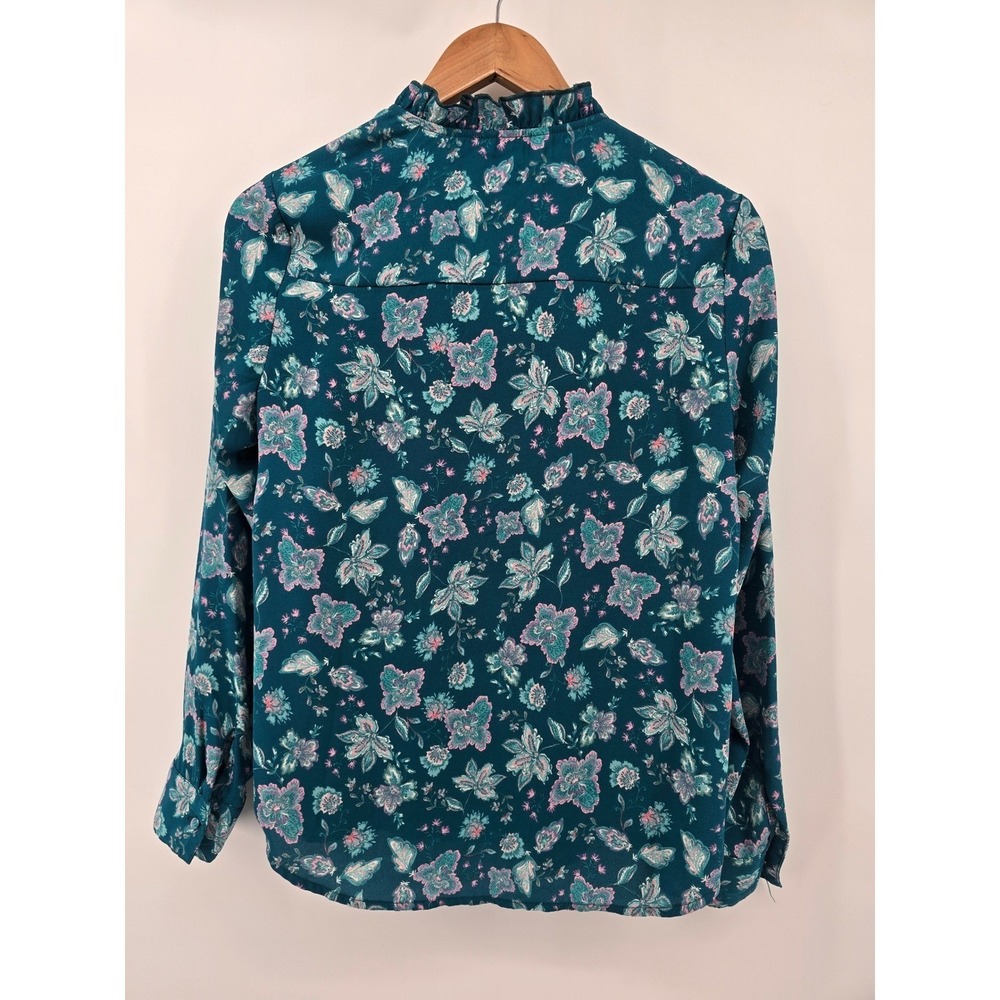 Nanette Lepore Blouse Womens Small Teal Floral Ruffle Mock Neck Pleated Long Slv - Picture 3 of 4